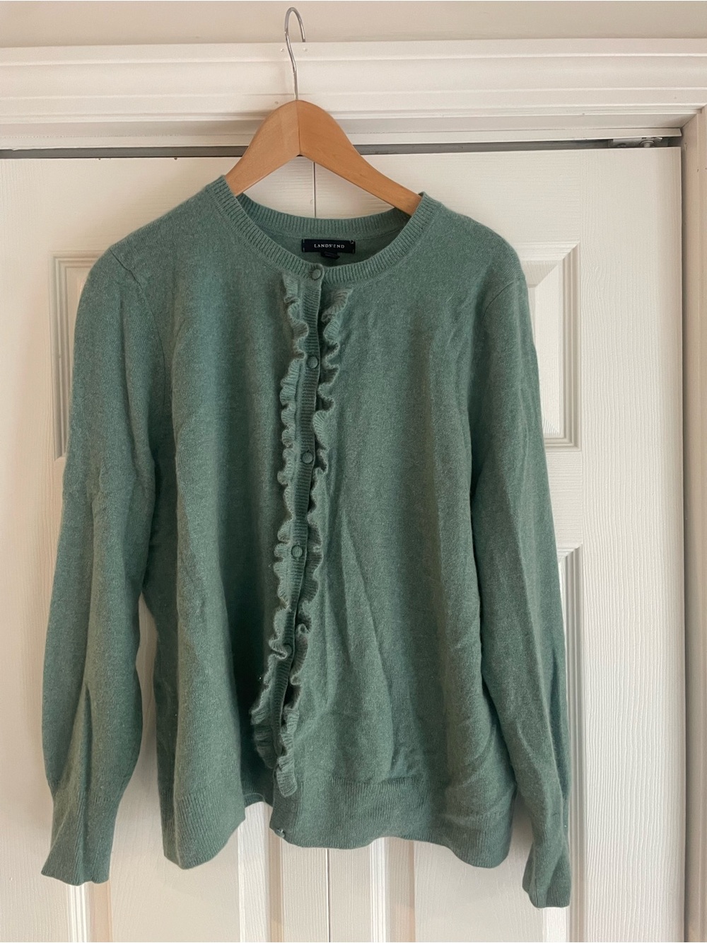 Lands' End Sage Green  Cashmere Ruffle-Trim Button Cardigan